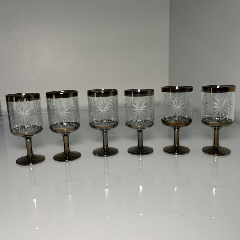 Vtg Set of 6 Cordial/Shot Glasses Silver Trim- Beautiful.‎ No flaws.